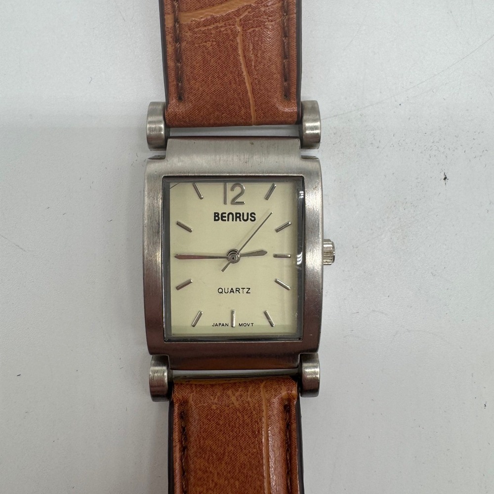 Benrus Quartz Watch Mens Silver Tone Rectangular Case Leather PIM203BR needs bat